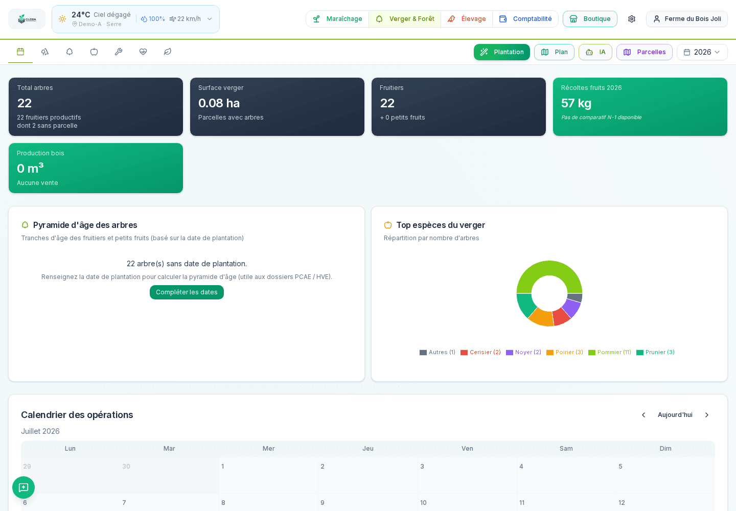 Vue réelle du logiciel de gestion de verger Gleba
