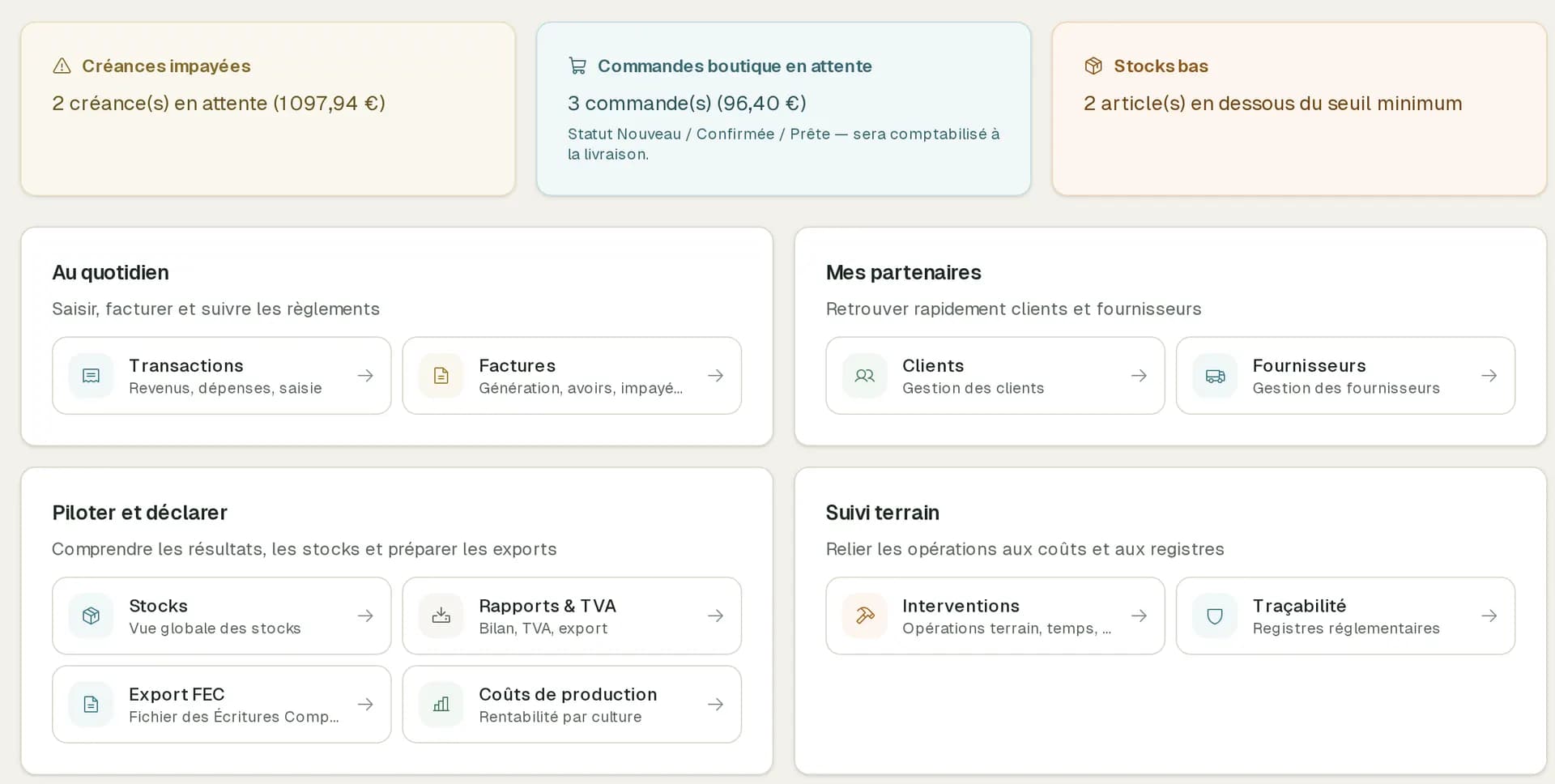 Écran Comptabilité de Gleba : créances, commandes de la boutique, stocks bas et accès aux factures