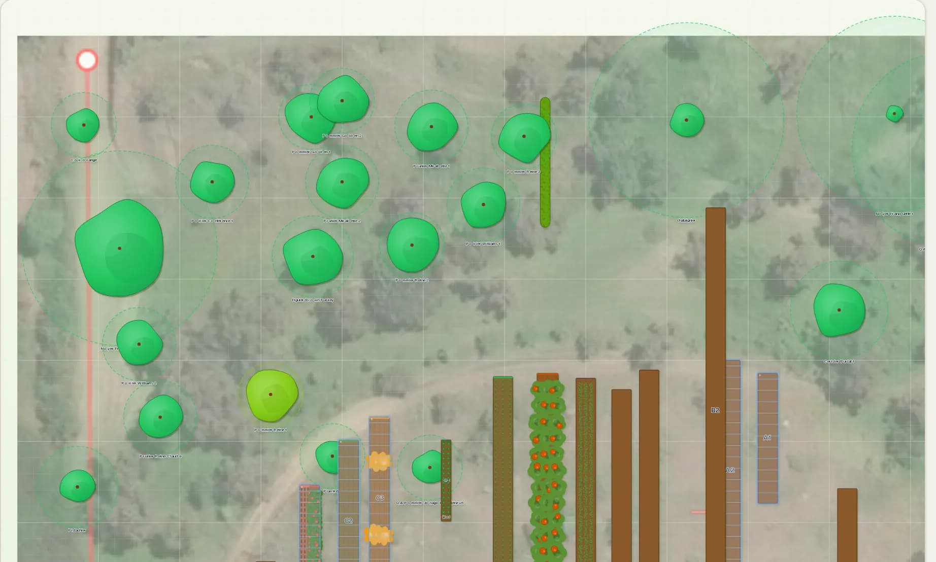 Plan 2D de la ferme de démonstration dans Gleba : planches et arbres fruitiers dessinés sur la photo aérienne