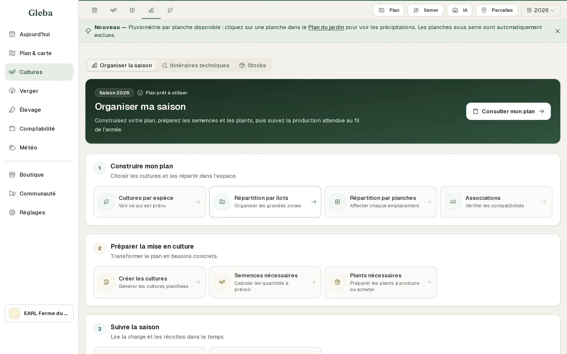 Écran réel de planification maraîchère dans Gleba