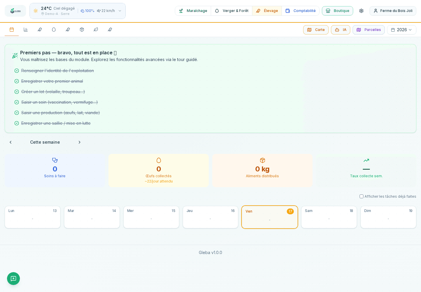 Tableau de bord réel du logiciel de gestion d'élevage Gleba